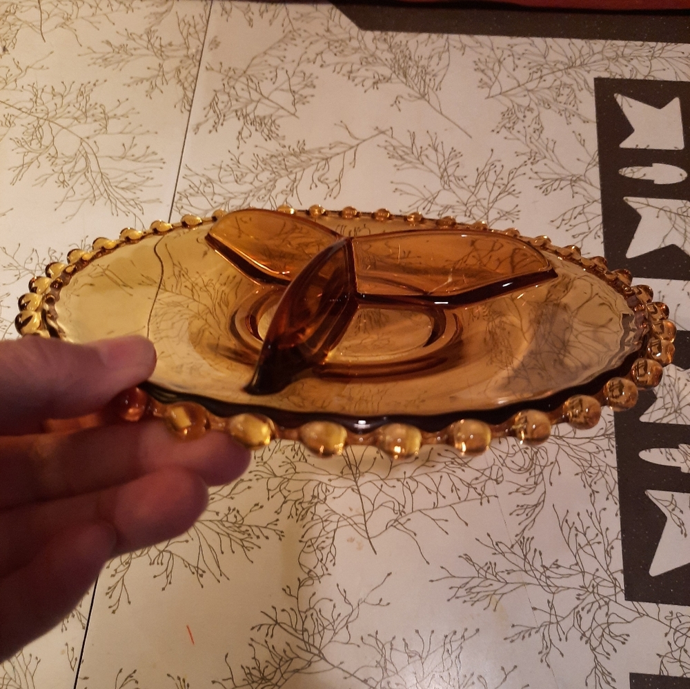 Vtg amber glass divided serving dish plate candlewick